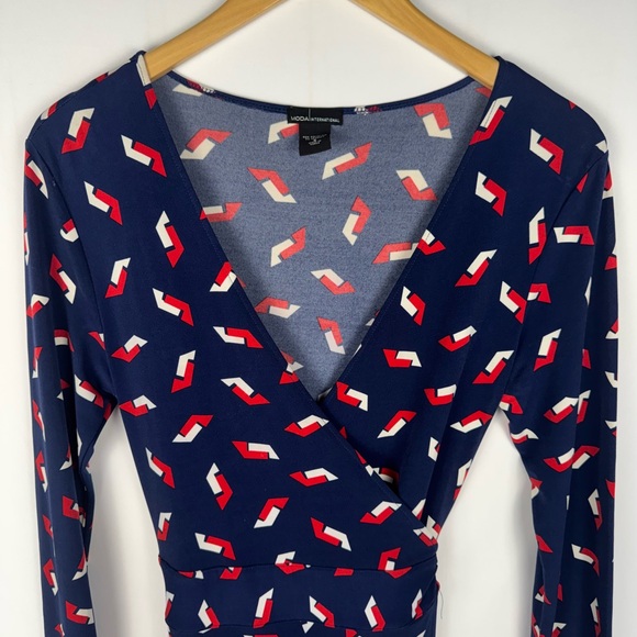 Moda International Navy Blue Wrap Dress with Red and White Pattern 4 - Picture 4 of 9